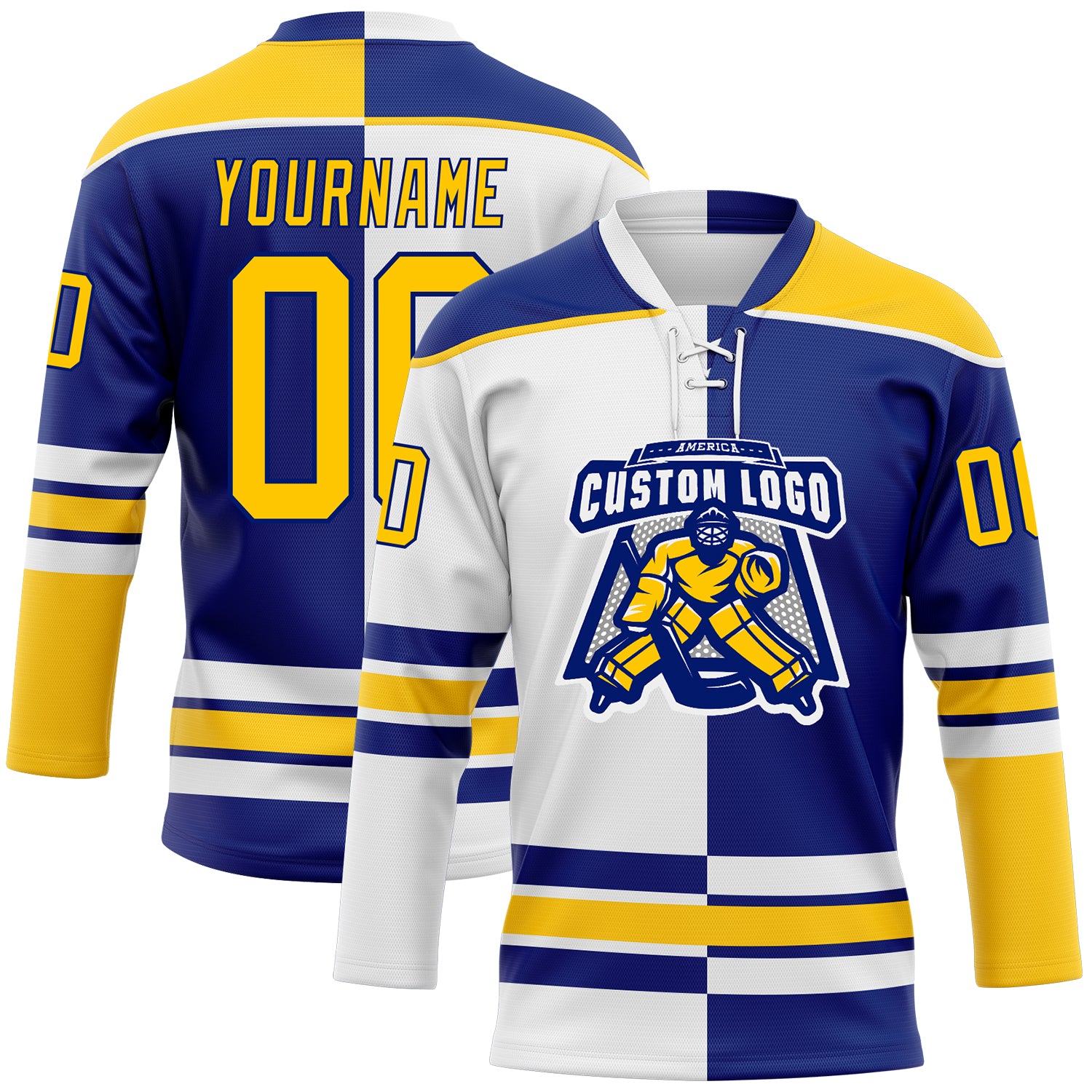 Custom Royal Yellow-White Split Fashion Hockey Lace Neck Jersey