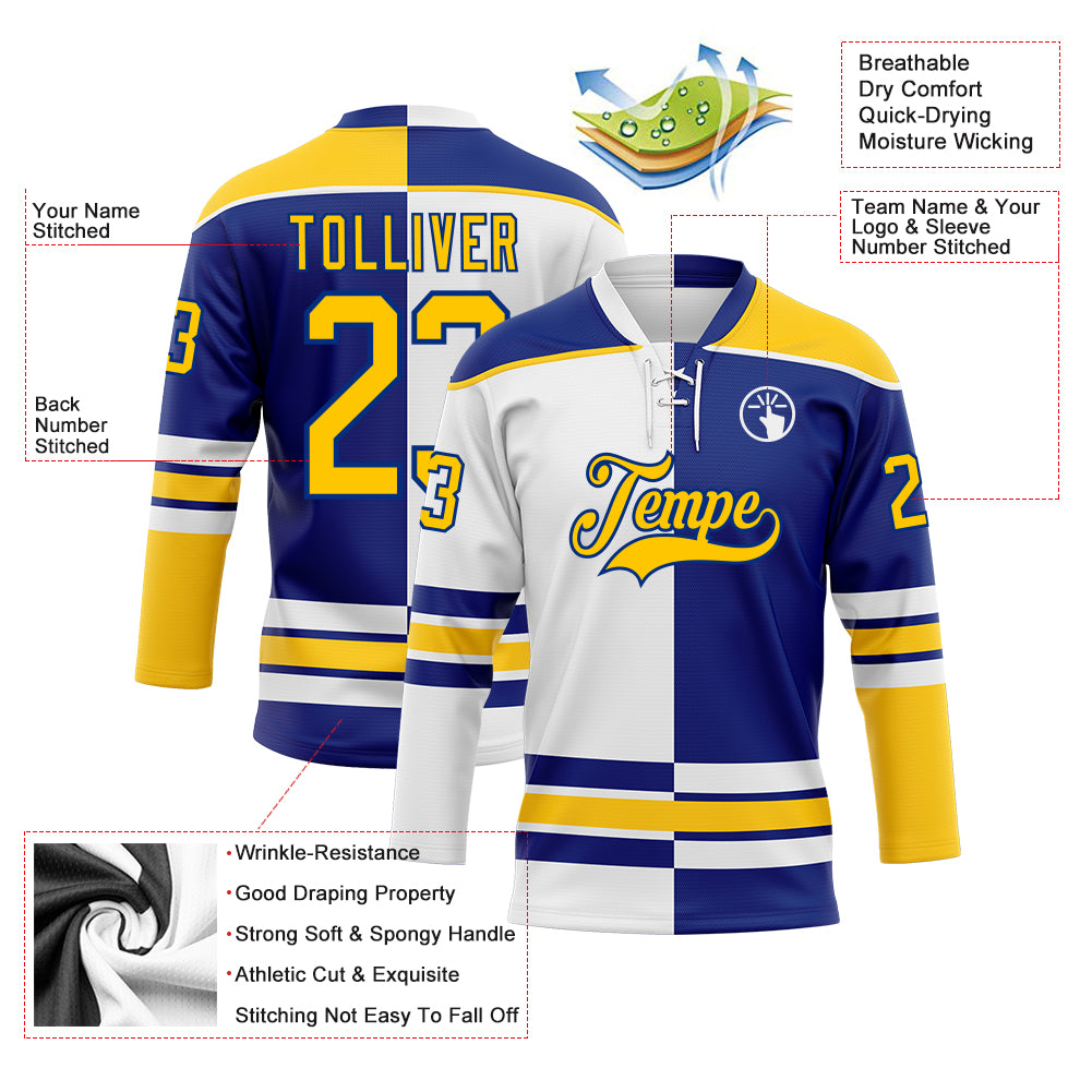 Custom Royal Yellow-White Split Fashion Hockey Lace Neck Jersey