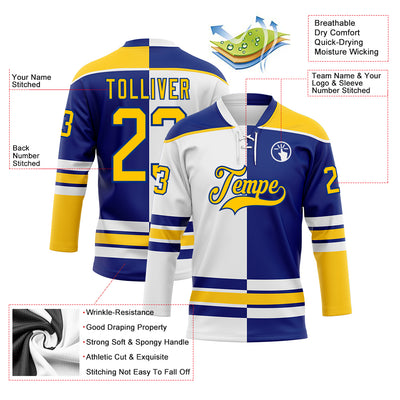 Custom Royal Yellow-White Split Fashion Hockey Lace Neck Jersey