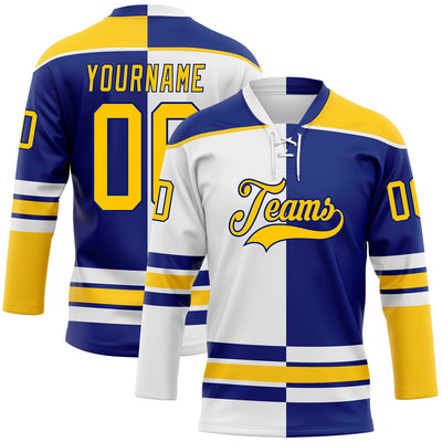 Custom Royal Yellow-White Split Fashion Hockey Lace Neck Jersey