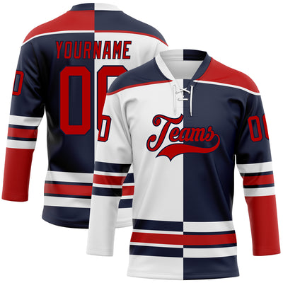 Custom Navy Red-White Split Fashion Hockey Lace Neck Jersey