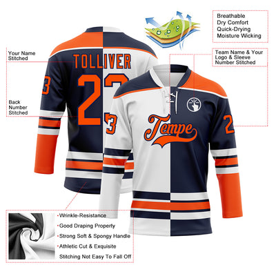 Custom Navy Orange-White Split Fashion Hockey Lace Neck Jersey