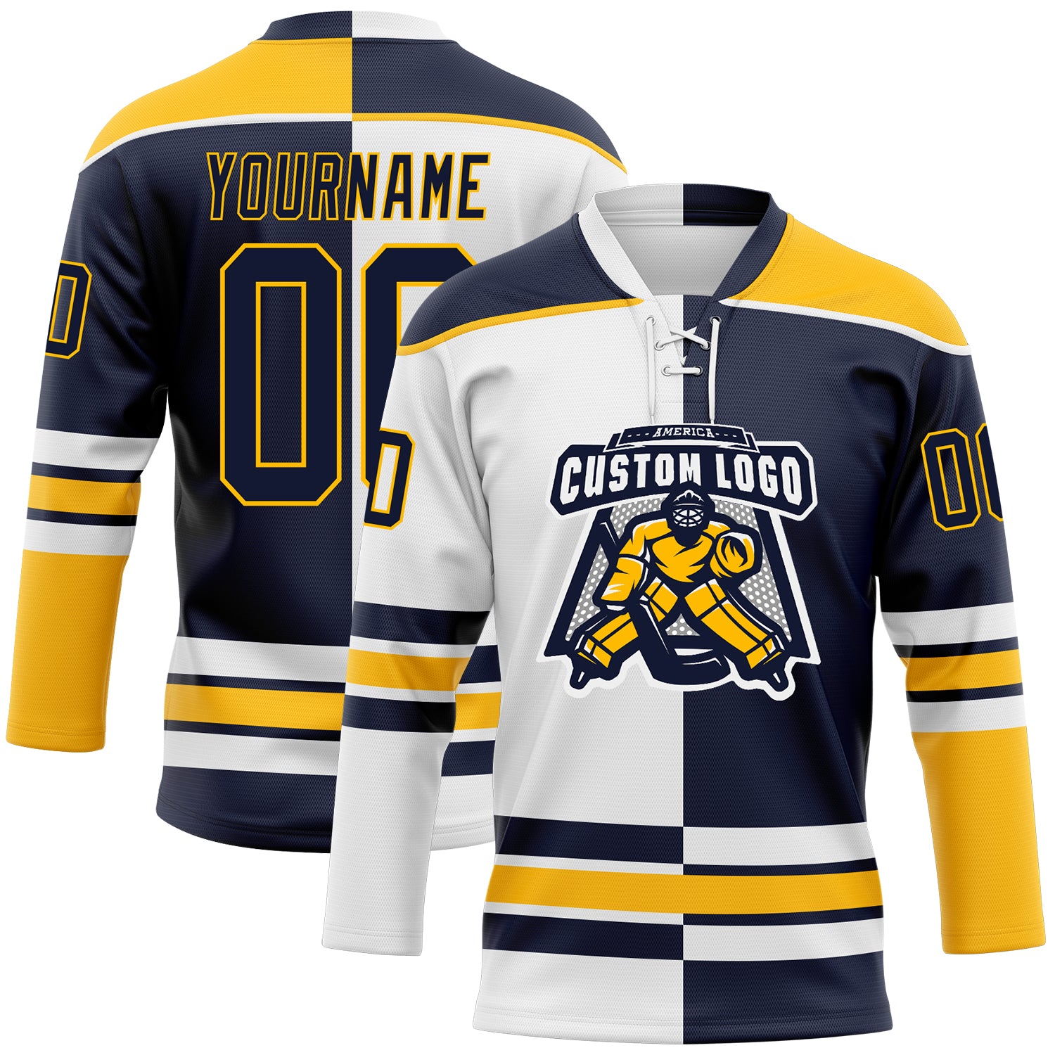 Custom Navy Gold-White Split Fashion Hockey Lace Neck Jersey