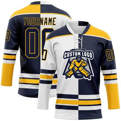 Custom Navy Gold-White Split Fashion Hockey Lace Neck Jersey