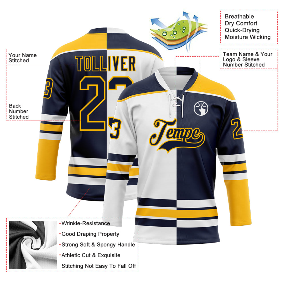 Custom Navy Gold-White Split Fashion Hockey Lace Neck Jersey