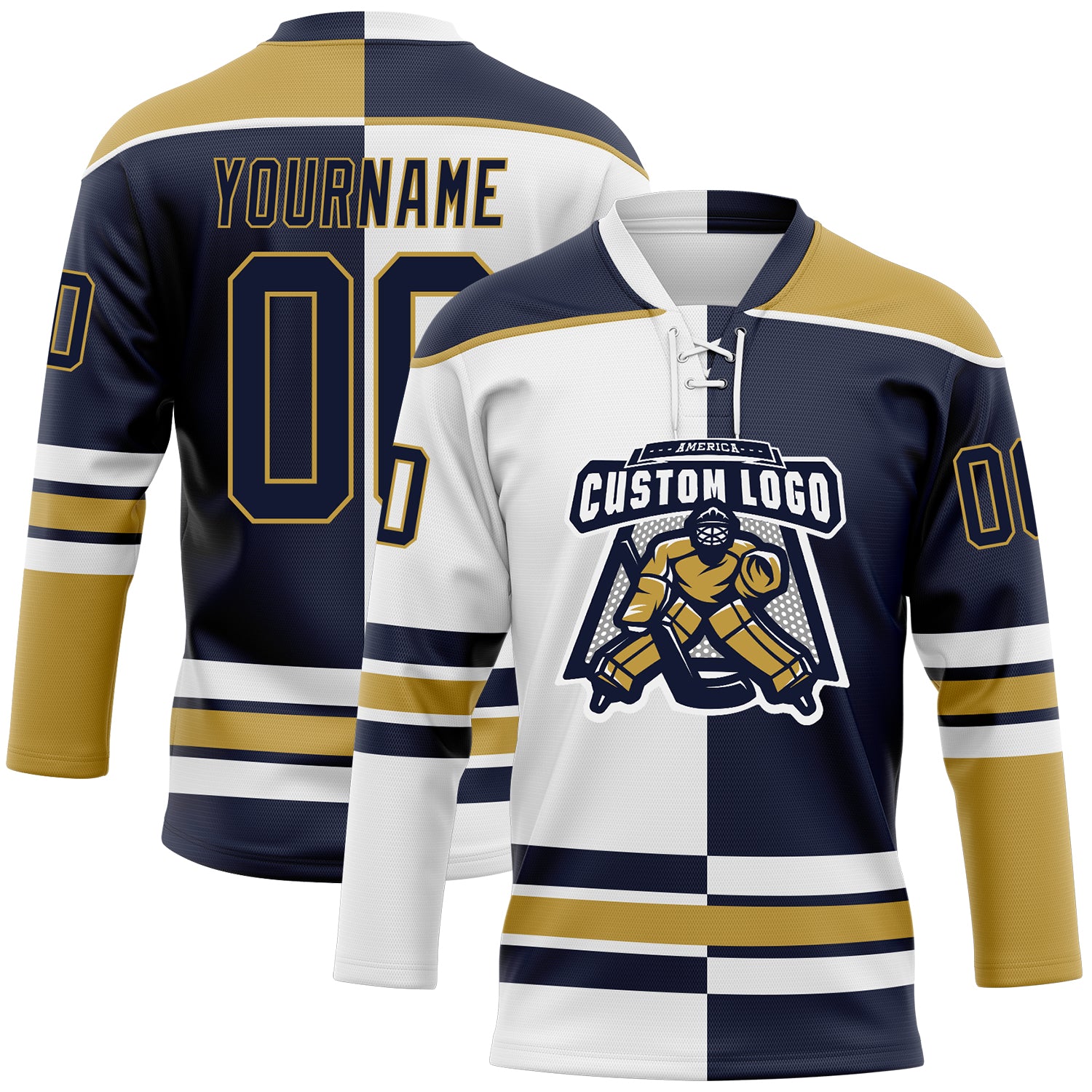 Custom Navy Old Gold-White Split Fashion Hockey Lace Neck Jersey