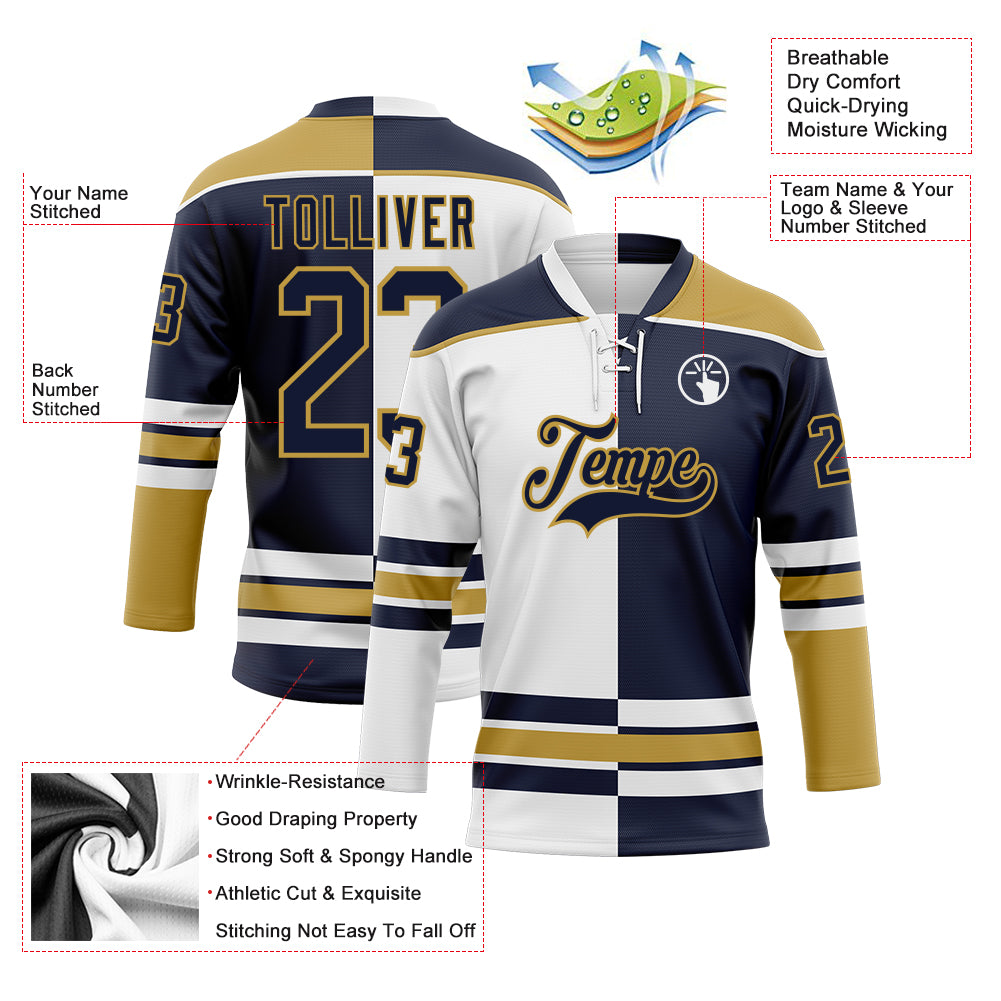 Custom Navy Old Gold-White Split Fashion Hockey Lace Neck Jersey
