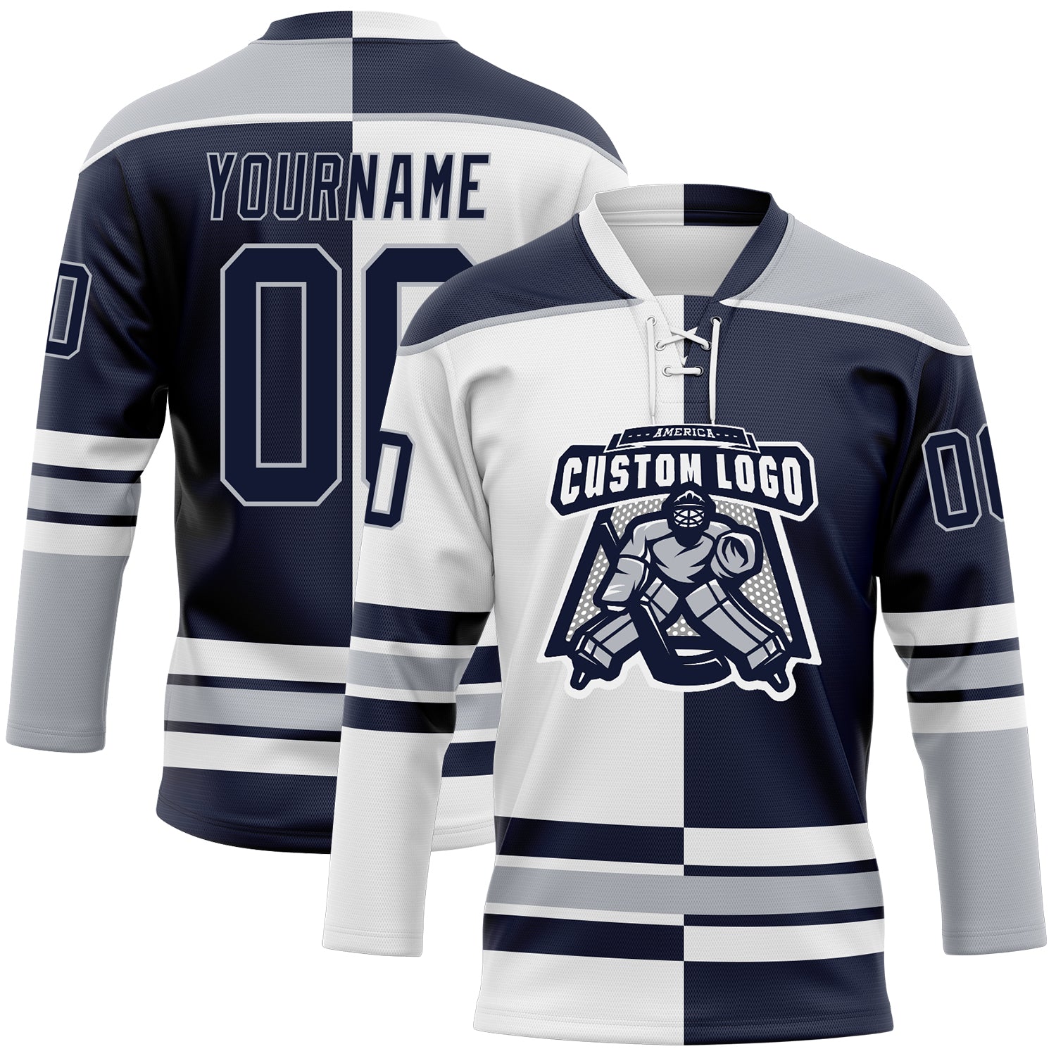 Custom Navy Gray-White Split Fashion Hockey Lace Neck Jersey