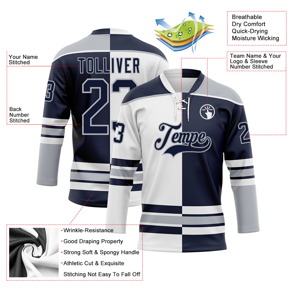 Custom Navy Gray-White Split Fashion Hockey Lace Neck Jersey