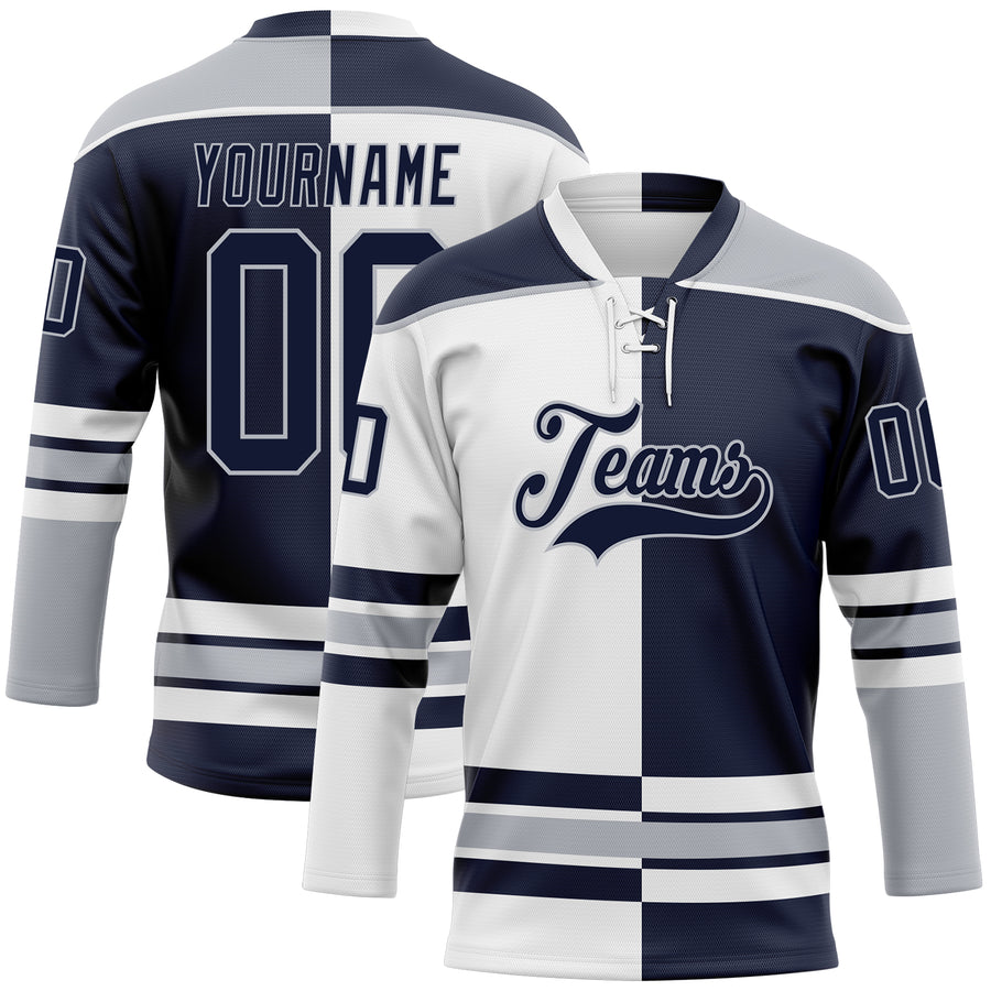 Custom Navy Gray-White Split Fashion Hockey Lace Neck Jersey