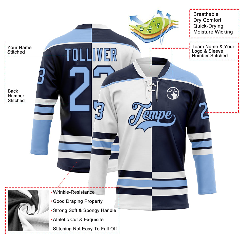 Custom Navy Light Blue-White Split Fashion Hockey Lace Neck Jersey