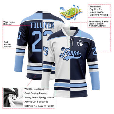 Custom Navy Light Blue-White Split Fashion Hockey Lace Neck Jersey