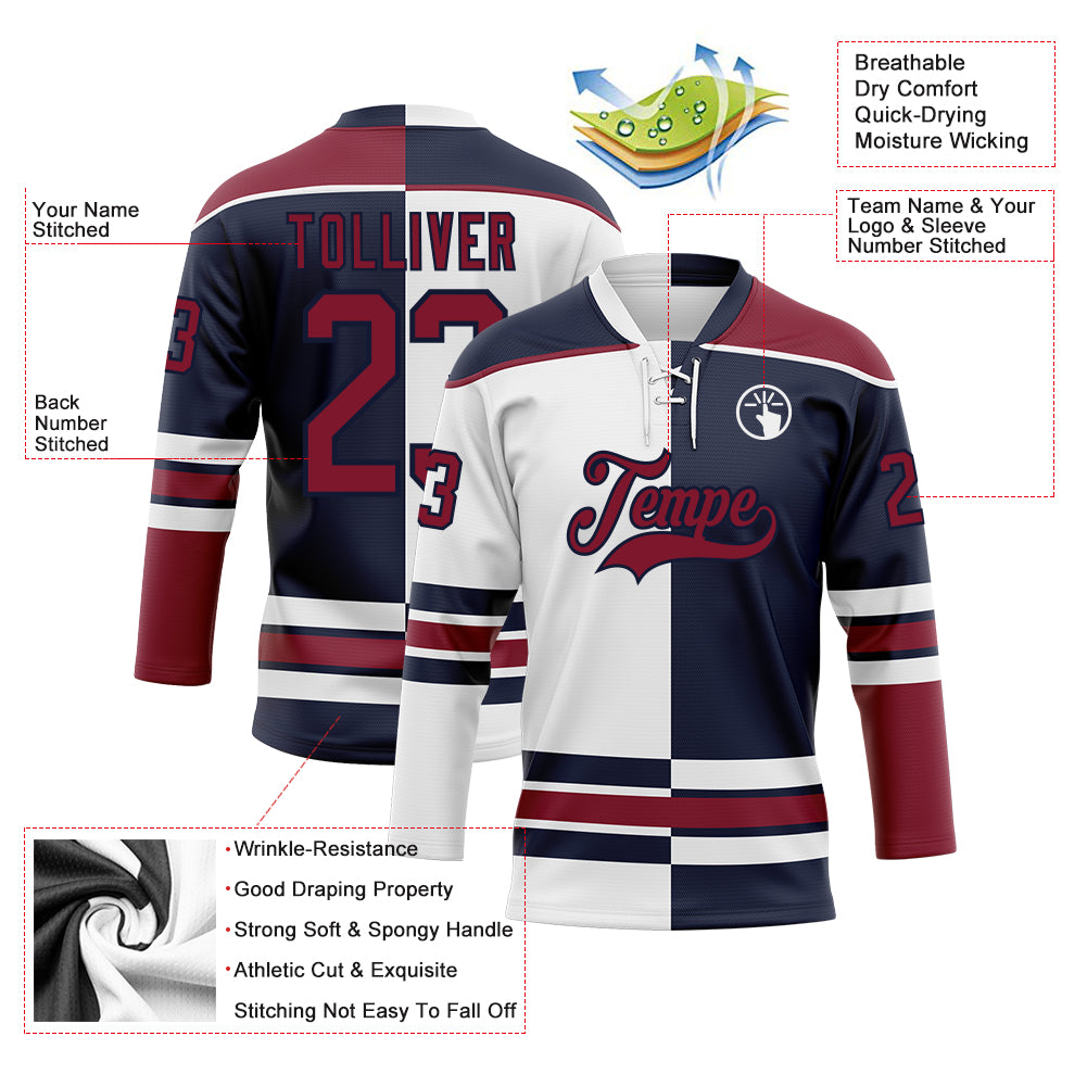 Custom Navy Crimson-White Split Fashion Hockey Lace Neck Jersey