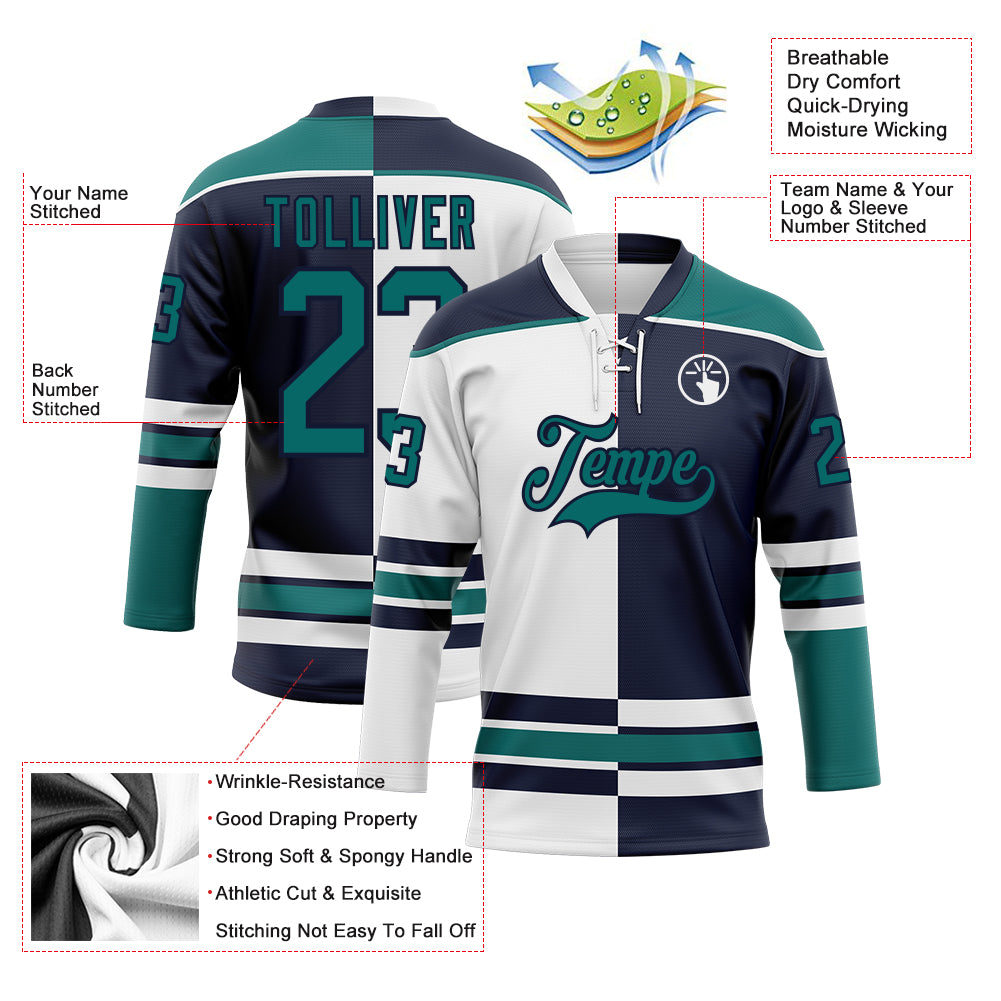 Custom Navy Teal-White Split Fashion Hockey Lace Neck Jersey