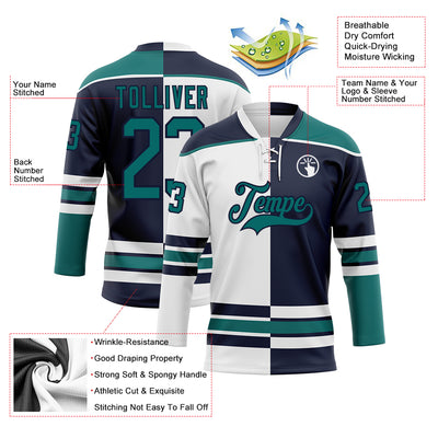 Custom Navy Teal-White Split Fashion Hockey Lace Neck Jersey