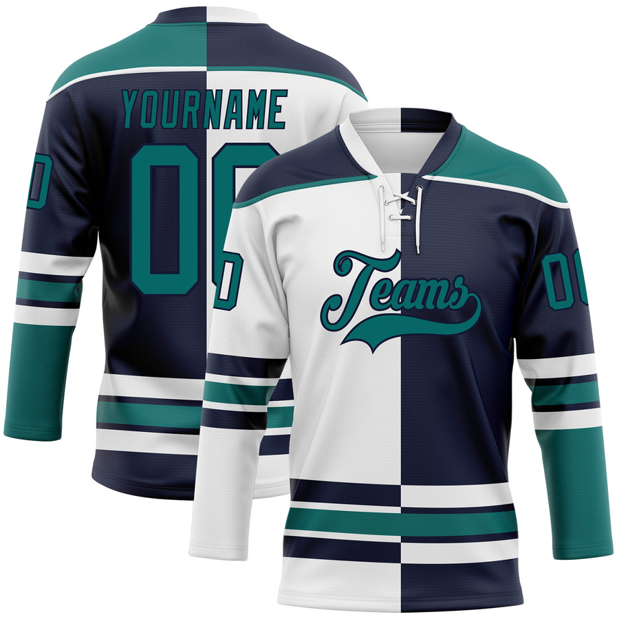 Custom Navy Teal-White Split Fashion Hockey Lace Neck Jersey
