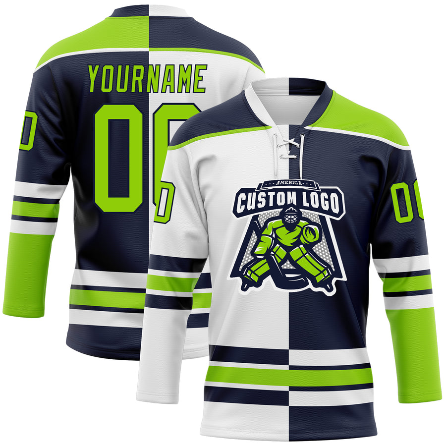 Custom Navy Neon Green-White Split Fashion Hockey Lace Neck Jersey