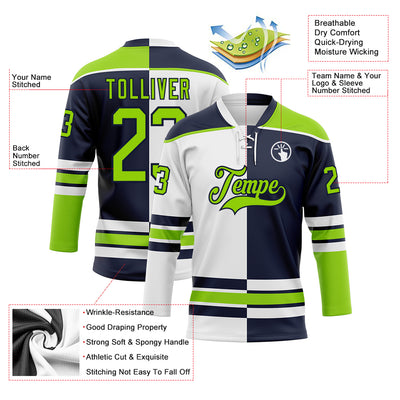 Custom Navy Neon Green-White Split Fashion Hockey Lace Neck Jersey