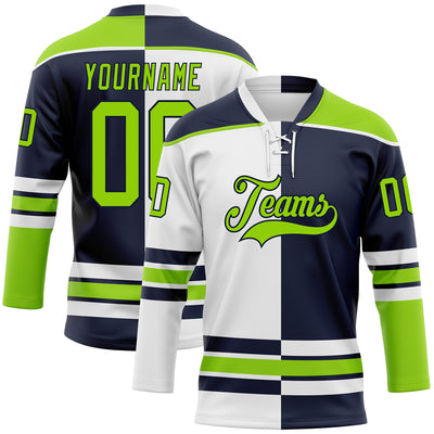 Custom Navy Neon Green-White Split Fashion Hockey Lace Neck Jersey