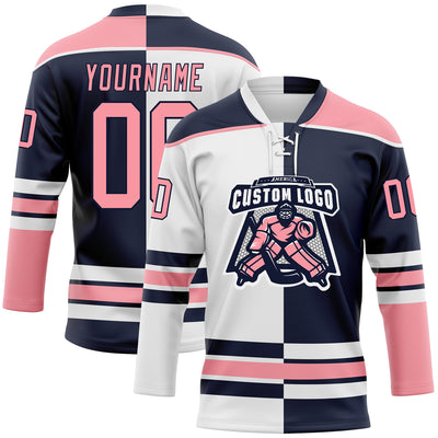 Custom Navy Medium Pink-White Split Fashion Hockey Lace Neck Jersey