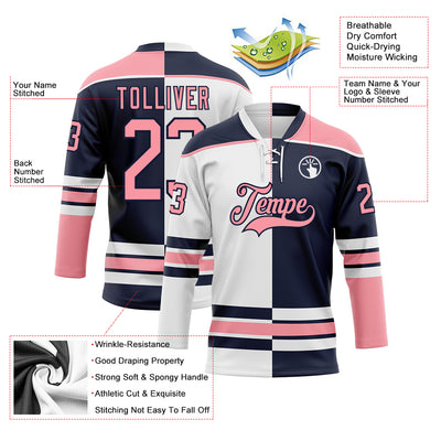 Custom Navy Medium Pink-White Split Fashion Hockey Lace Neck Jersey