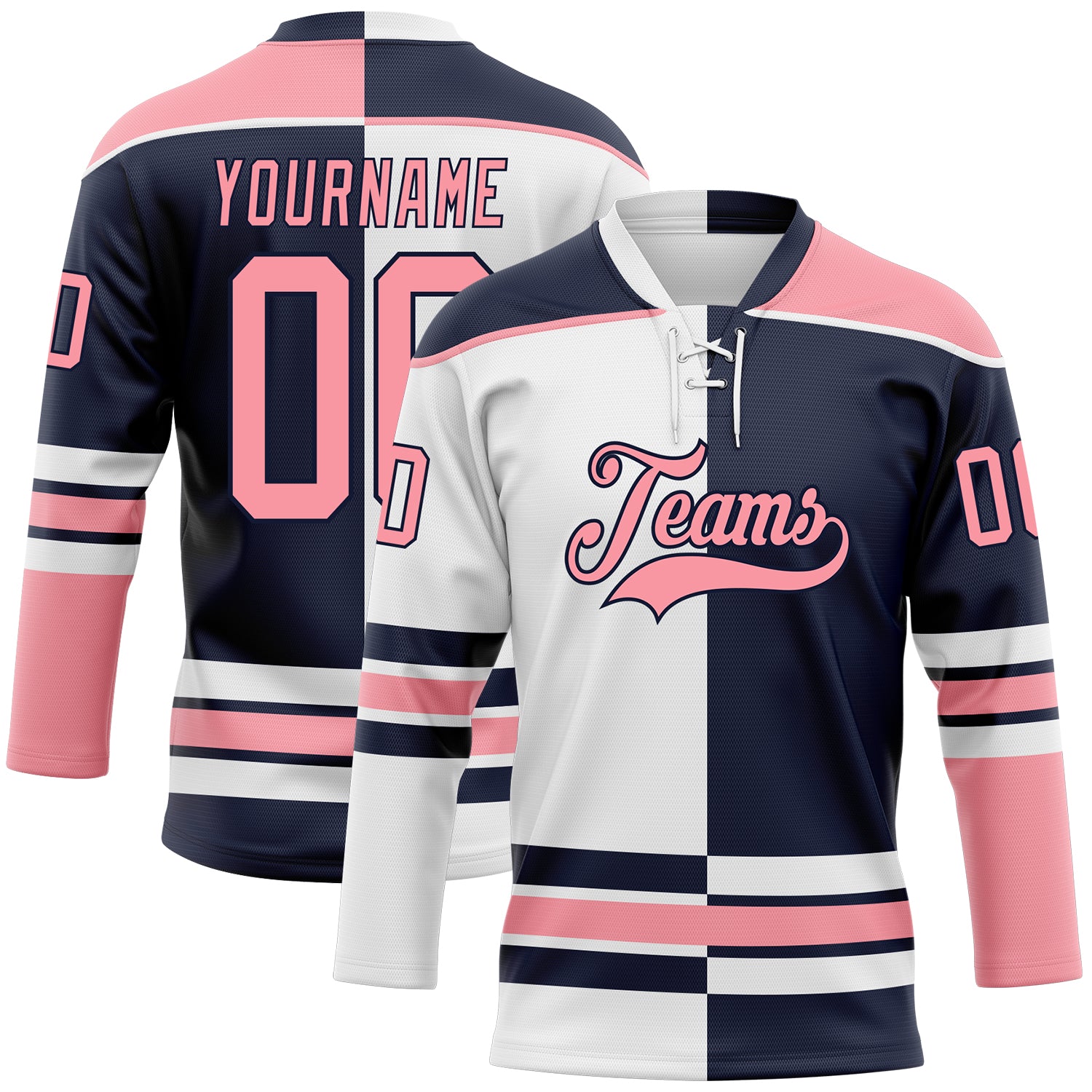 Custom Navy Medium Pink-White Split Fashion Hockey Lace Neck Jersey