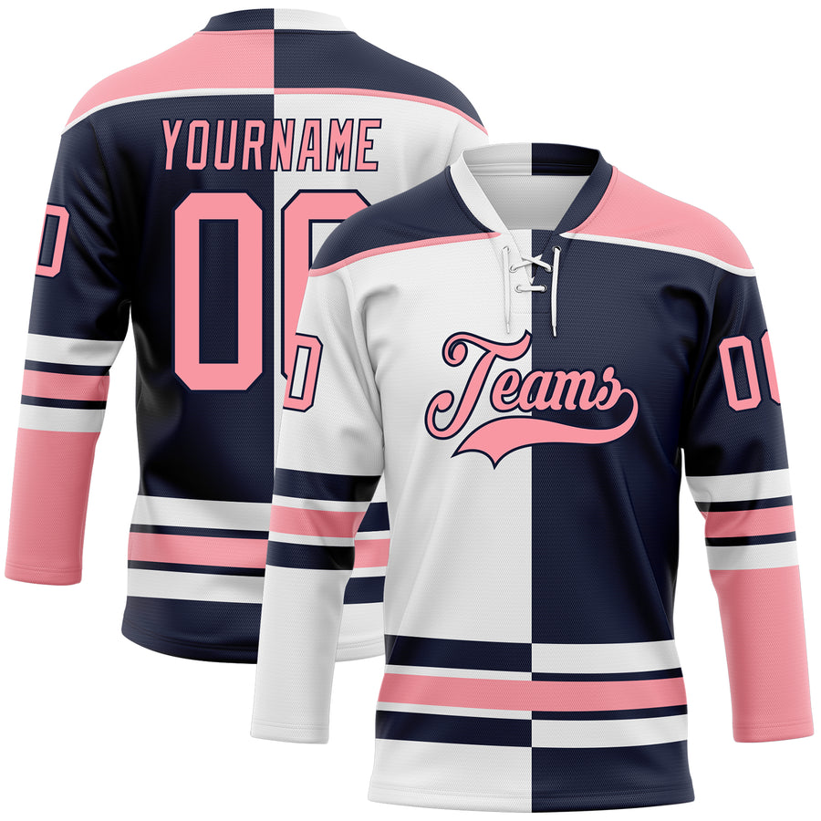 Custom Navy Medium Pink-White Split Fashion Hockey Lace Neck Jersey