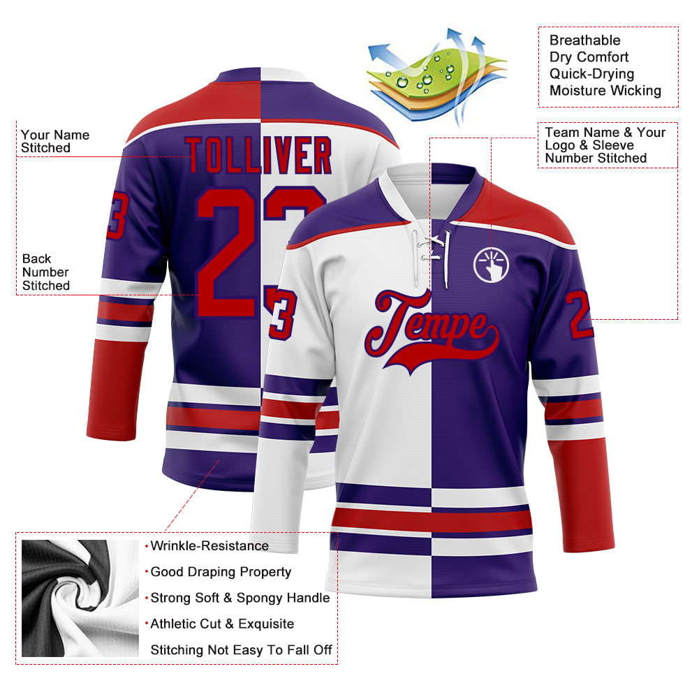 Custom Purple Red-White Split Fashion Hockey Lace Neck Jersey