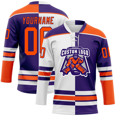 Custom Purple Orange-White Split Fashion Hockey Lace Neck Jersey