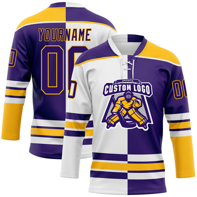 Custom Purple Gold-White Split Fashion Hockey Lace Neck Jersey
