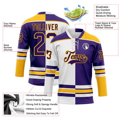 Custom Purple Gold-White Split Fashion Hockey Lace Neck Jersey