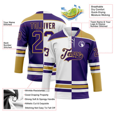 Custom Purple Old Gold-White Split Fashion Hockey Lace Neck Jersey