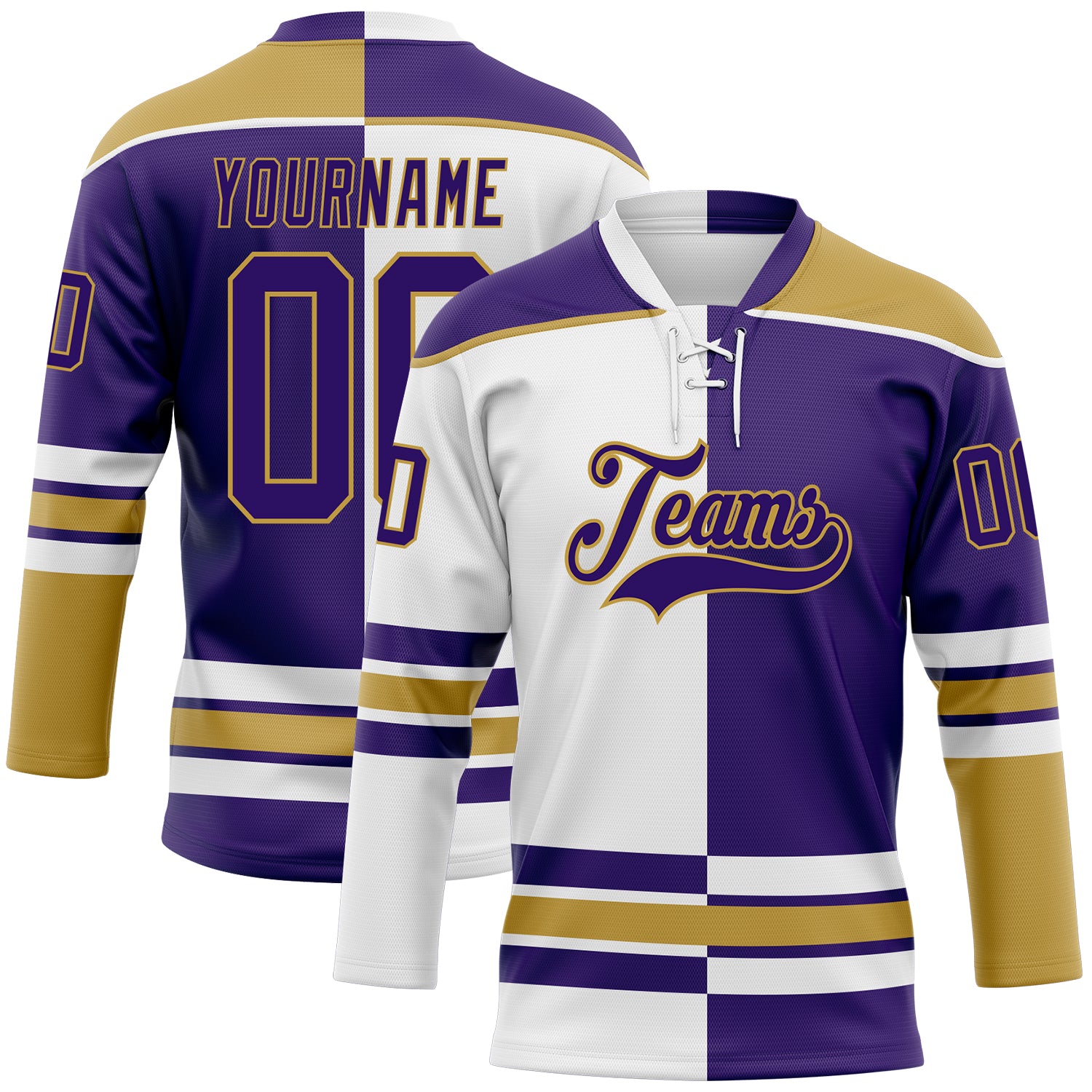 Custom Purple Old Gold-White Split Fashion Hockey Lace Neck Jersey