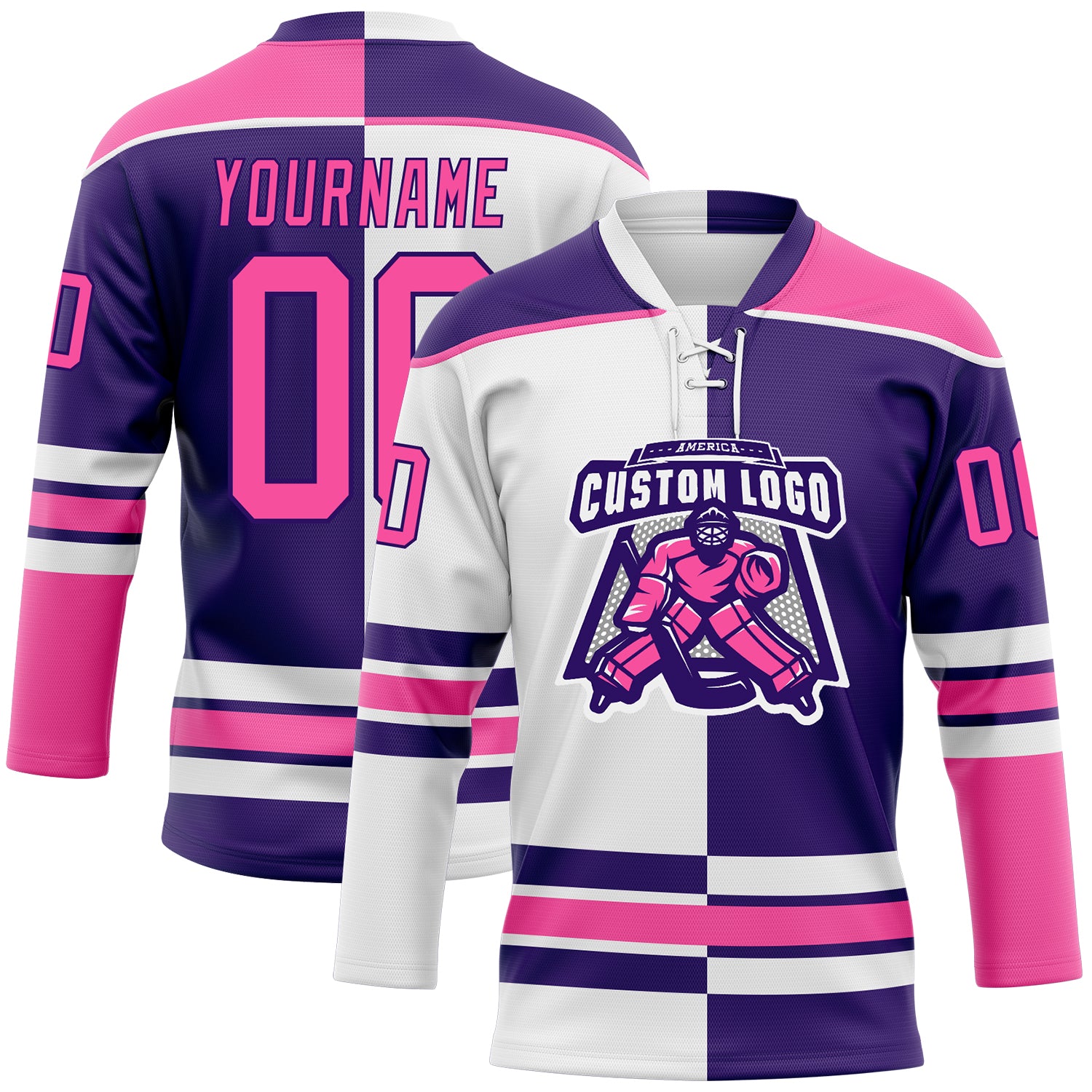 Custom Purple Pink-White Split Fashion Hockey Lace Neck Jersey