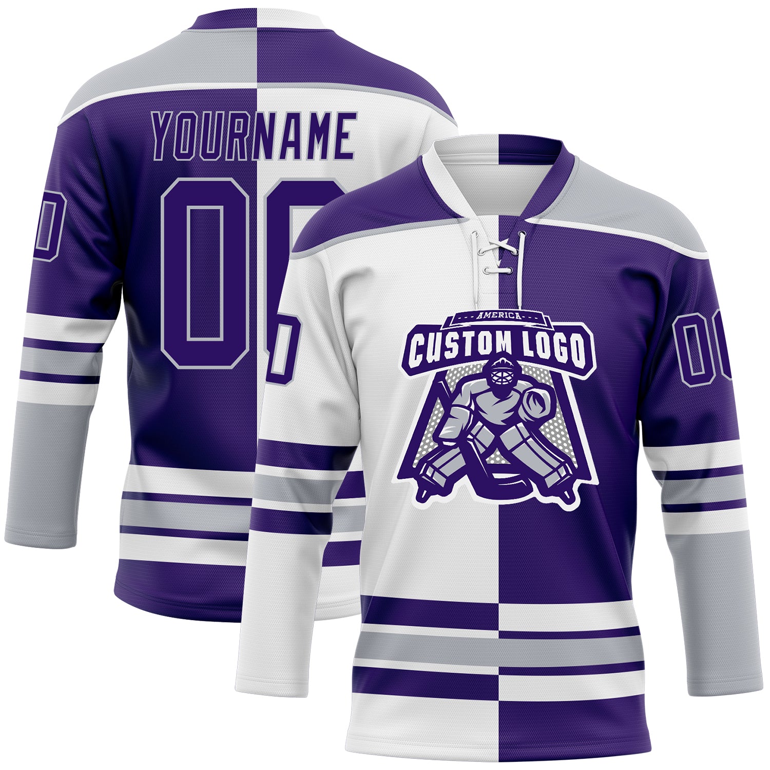 Custom Purple Gray-White Split Fashion Hockey Lace Neck Jersey
