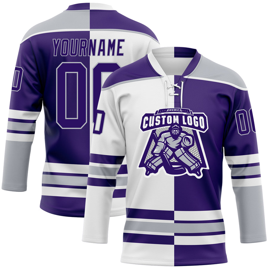 Custom Purple Gray-White Split Fashion Hockey Lace Neck Jersey