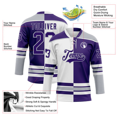 Custom Purple Gray-White Split Fashion Hockey Lace Neck Jersey