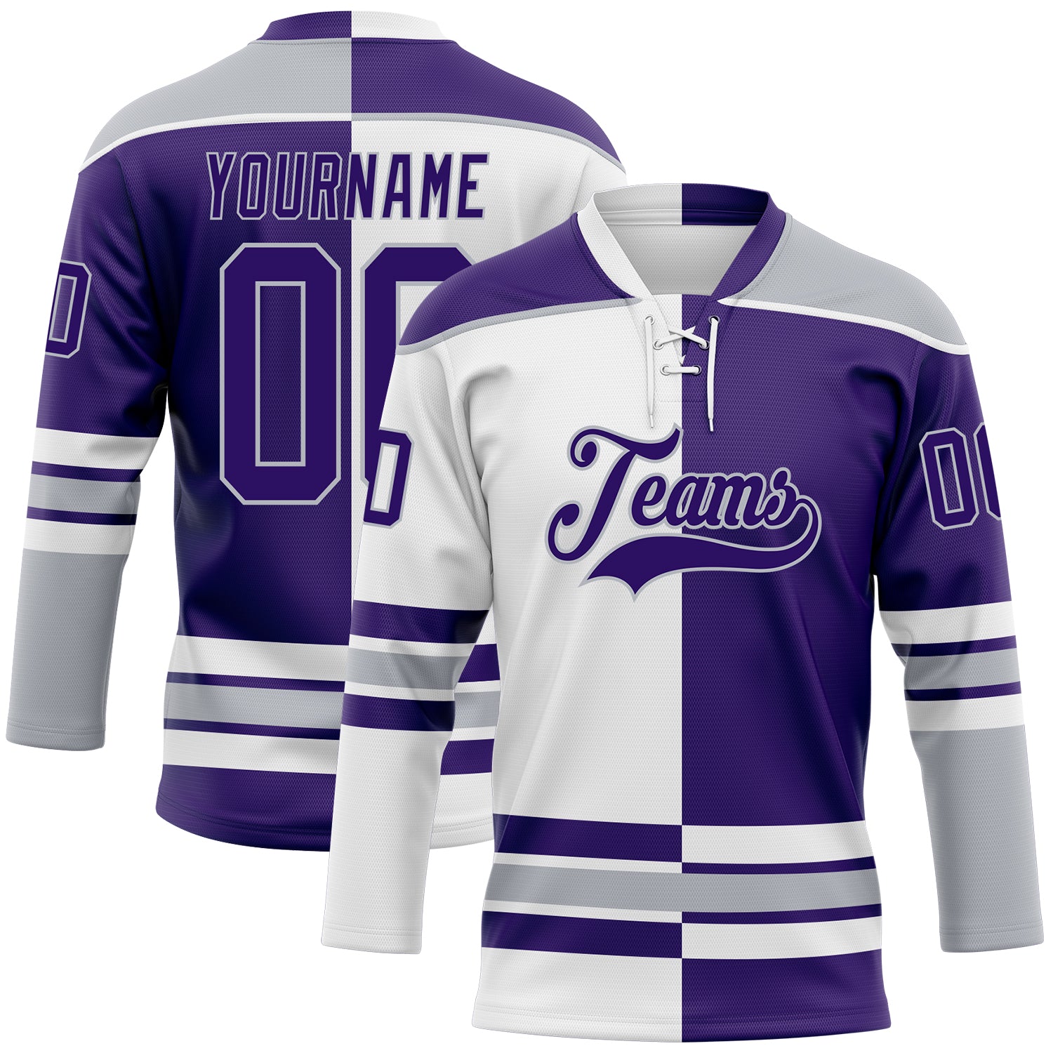 Custom Purple Gray-White Split Fashion Hockey Lace Neck Jersey