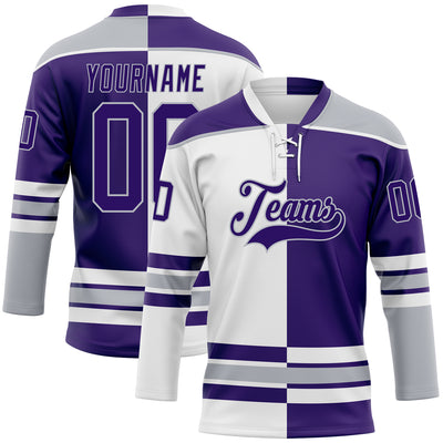 Custom Purple Gray-White Split Fashion Hockey Lace Neck Jersey