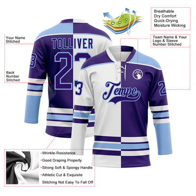 Custom Purple Light Blue-White Split Fashion Hockey Lace Neck Jersey