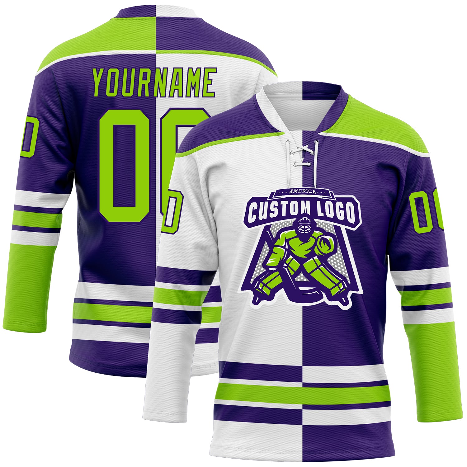Custom Purple Neon Green-White Split Fashion Hockey Lace Neck Jersey