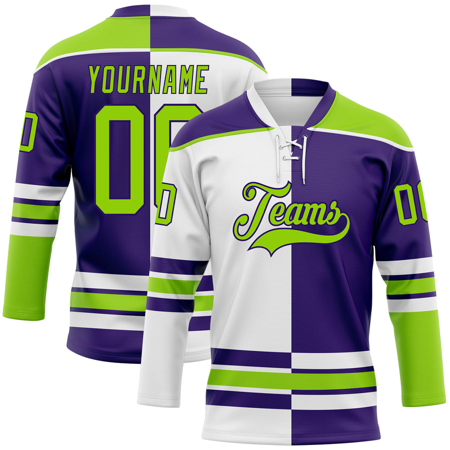 Custom Purple Neon Green-White Split Fashion Hockey Lace Neck Jersey