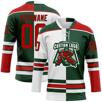 Custom Green Red-White Split Fashion Hockey Lace Neck Jersey