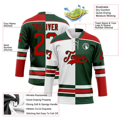Custom Green Red-White Split Fashion Hockey Lace Neck Jersey