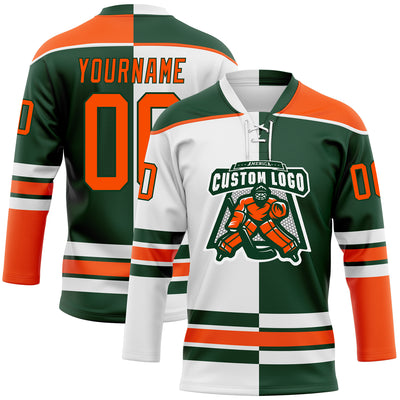 Custom Green Orange-White Split Fashion Hockey Lace Neck Jersey