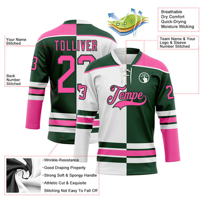 Custom Green Pink-White Split Fashion Hockey Lace Neck Jersey