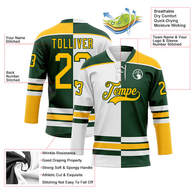Custom Green Gold-White Split Fashion Hockey Lace Neck Jersey