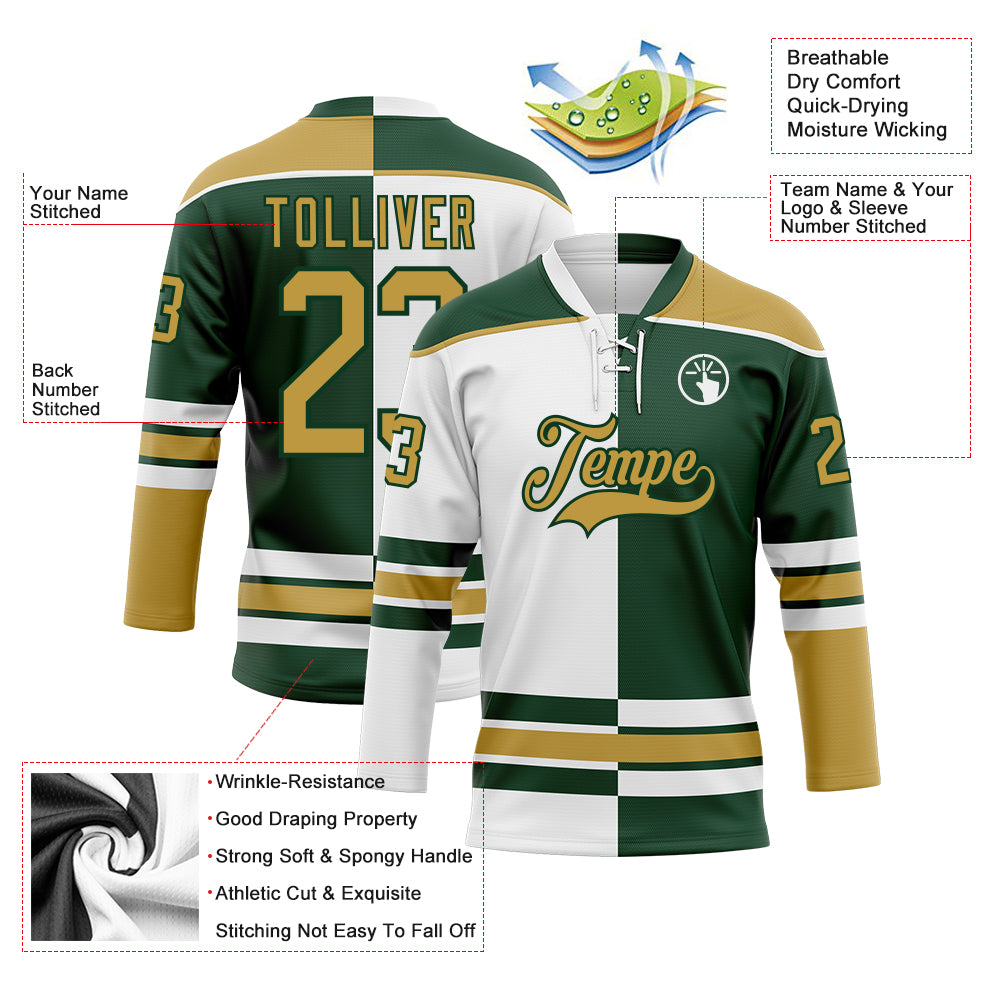 Custom Green Old Gold-White Split Fashion Hockey Lace Neck Jersey