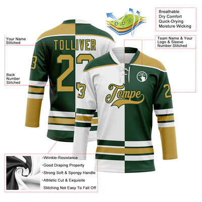 Custom Green Old Gold-White Split Fashion Hockey Lace Neck Jersey