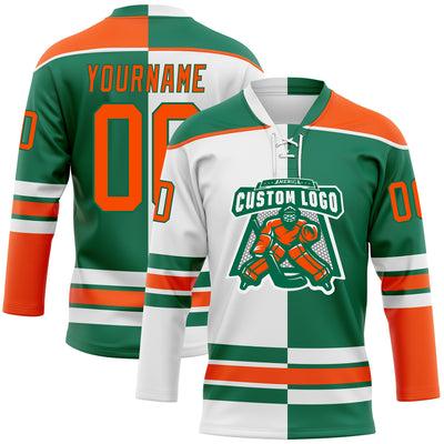 Custom Kelly Green Orange-White Split Fashion Hockey Lace Neck Jersey